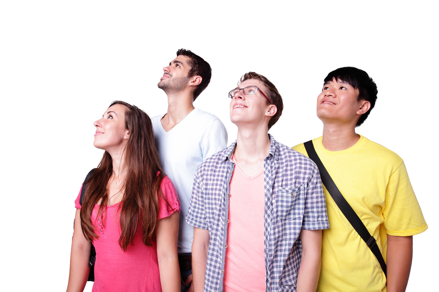 group happy students look up